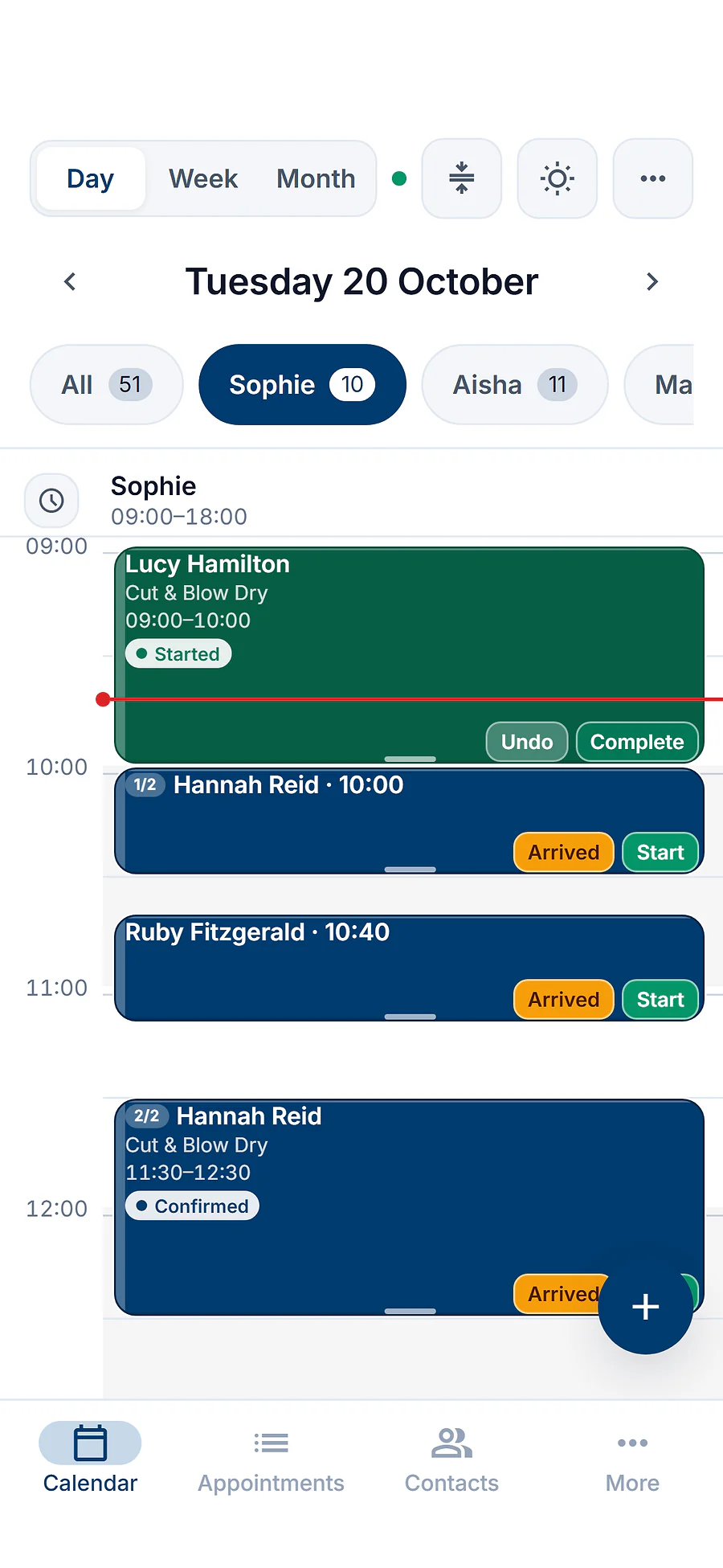 The ResNeo app's calendar on Tuesday 20 October at 9:40: Sophie's morning, with Lucy Hamilton's cut under way