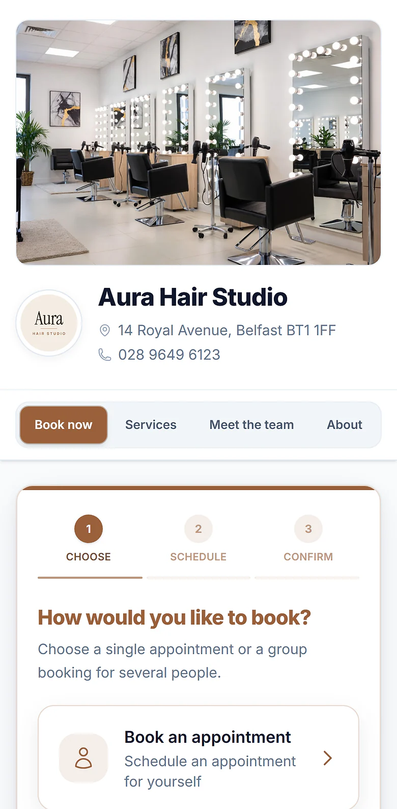 Aura Hair Studio's booking page